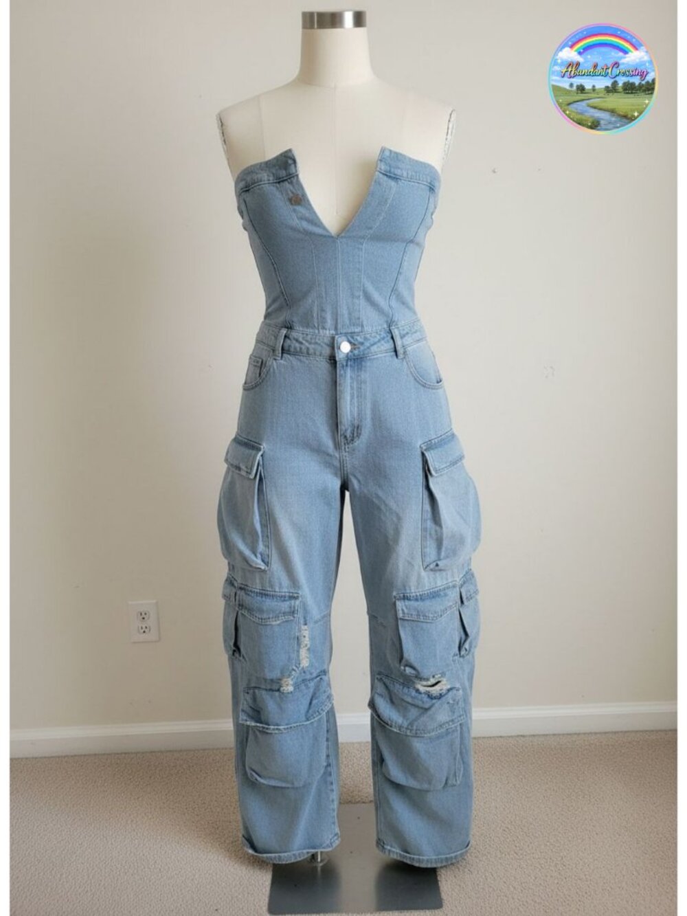 Cargo Denim Jumpsuit Strapless Tube Wide Leg Sleeveless Jean Overalls